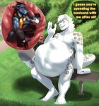 after_vore anthro belly big_belly chin dialogue duo ear_piercing endosoma felid generation_4_pokemon grass hi_res huge_belly hyper hyper_belly internal lucario male mammal muscular muscular_arms muscular_legs nintendo nude outside pantherine piercing plant pokeball pokemon pokemon_(species) prey_bulge safe_vore smile snow_leopard vore zyyph zyyphelze