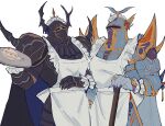  2boys apron armor bioodshower black_cape broom cake cake_slice cape commentary english_commentary exdeath facing_viewer fake_horns final_fantasy final_fantasy_iv final_fantasy_v food fork golbez helmet highres holding holding_broom holding_tray horned_helmet horns maid maid_apron maid_headdress male_focus multiple_boys tray white_background white_cape 