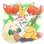 1:1 2026 ambiguous_anthro ambiguous_gender annyui0611 anthro biped blush blush_stickers braixen canid digital_drawing_(artwork) digital_media_(artwork) digitigrade dipstick_tail duo front_view generation_5_pokemon generation_6_pokemon hi_res japanese_description kneeling mammal markings nintendo no_pupils object_in_tail on_one_leg open_mouth pokemon pokemon_(species) shaking simple_background standing stick stick_in_tail tail tail_markings translated_description trembling whimsicott