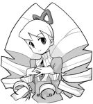  1girl bad_id bow drill_hair greyscale hair_bow heriyama long_hair looking_at_viewer lowres luna_platz_(mega_man) mega_man_(series) mega_man_star_force_(series) monochrome simple_background smile twin_drills very_long_hair white_background 