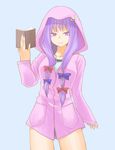  blue_bow book bottomless bow buttons crescent crescent_hair_ornament hair_bow hair_ornament hair_ribbon hane_(hanegoya) hood hooded_jacket jacket long_hair looking_at_viewer panties patchouli_knowledge pink_jacket pocket purple_eyes purple_hair purple_panties red_bow ribbon shirt sleeves_past_wrists smile solo striped striped_shirt touhou tress_ribbon underwear 
