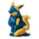 1:1 2014 alpha_channel anthro blue_body blue_fur breasts canid crispychocolate featureless_breasts female full-length_portrait fur generation_4_pokemon kneeling lucario mammal nintendo one_eye_closed pawpads pink_pawpads pokemon pokemon_(species) portrait seiza shiny_pokemon simple_background sitting solo transparent_background yellow_body yellow_fur