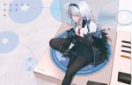  1girl black_gloves black_pantyhose blue_jacket blue_sleeves buttons cassette_player cd cd_player earphones feather-trimmed_jacket from_above girls'_frontline gloves grey_background hair_between_eyes hand_up headband highres jacket long_hair long_sleeves looking_ahead neck_ribbon pantyhose pleated_skirt red_eyes red_ribbon ribbon shenme_niao_mingzi shirt simple_background sitting sitting_on_object skirt solo thunder_(girls'_frontline) walkman white_hair white_shirt 