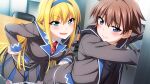  1boy 1girl anekouji_naoko_to_giniro_no_shinigami arched_back black_shirt blonde_hair blue_eyes blue_hairband blush breasts brown_hair buttons chair collared_shirt double-breasted dutch_angle frilled_skirt frills from_above game_asset grabbing_another's_ass grey_jacket grey_pants grey_skirt groping hairband hand_on_own_hip hands_up highres hooded_shirt indoors jacket jacket_over_hoodie lapels leaning_forward long_hair long_sleeves looking_at_another looking_back medium_breasts mikoshi_matsuri miniskirt necktie non-web_source nose_blush open_clothes open_jacket open_mouth outstretched_arms pants pleated_skirt red_necktie school_uniform self-datamine shirt short_hair skirt spread_arms standing straight_hair table tokiwa_naruha turning_head very_long_hair white_shirt 