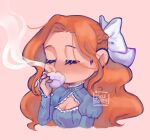  1girl artist_name bow braid breasts cleavage cleavage_cutout closed_eyes clothing_cutout commentary cropped_torso crown_braid cup drinking hair_bow hair_ornament highres holding holding_cup ireleglitter juliet_sleeves large_breasts long_hair long_sleeves orange_hair original puffy_sleeves solo steam teacup upper_body watermark wavy_hair white_bow 