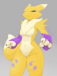 2024 4_fingers anthro armwear armwear_only bandai_namco black_claws black_sclera blue_eyes breasts cheek_tuft claws clothing colored digimon digimon_(species) digital_drawing_(artwork) digital_media_(artwork) facial_tuft featureless_breasts female female_anthro fingers flow_(artist) fur hi_res markings mostly_nude navel purple_markings renamon ruff shaded simple_background solo tan_body tan_fur tuft yellow_body yellow_fur