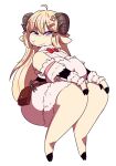 2026 absurd_res accessory ahoge anthro astonarts big_breasts blonde_hair bovid bow_tie breasts caprine clothed clothing eyelashes female fingers hair hair_accessory hairclip hands_on_knees hands_on_legs head_turned hi_res hololive hooved_fingers hooves horizontal_pupils horn huge_breasts mammal narrowed_eyes pouch_(clothing) pupils purple_eyes red_bow_tie sheep simple_background sitting solo thick_thighs tsunomaki_watame vtuber white_background white_body white_clothing