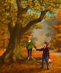 5:6 absurd_res anthro antlers bag brown_body brown_eyes clothing date deer duo felid feline female footwear forest forest_background fur golden_hour hi_res horn leaf love male mammal mr_sai multicolored_body multicolored_fur nature orange_body plant serval shoes sneakers sunset tree