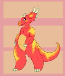 2016 2_horns 4_fingers 4_toes anthro belly black_eyes bone_frill centrosaurine ceratopsian ceratopsid closed_smile diabloceratops digital_drawing_(artwork) digital_media_(artwork) dinosaur english_description facial_markings featureless_chest featureless_crotch feet fingers flat_colors frill_(anatomy) full-length_portrait grosspotoo head_markings horn long_tail male marginocephalian markings mouth_closed multicolored_body multicolored_skin multicolored_tail no_eyebrows nude nude_anthro nude_male orange_markings ornithischian pink_background portrait prehistoric_species rectangle red_body red_skin red_tail reptile scalie simple_background smile solo tail tail_markings tan_belly tan_fingers tan_horn tan_toes thick_thighs three-quarter_view toes white_sclera yellow_tail