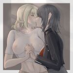  2girls bang_dream! bang_dream!_it's_mygo!!!!! black_choker black_hair black_jacket blonde_hair blush border breasts brown_background chinese_commentary choker closed_eyes commentary_request french_kiss grey_border hand_in_another's_hair highres holding_hands interlocked_fingers inuitakumi49 jacket kiss large_breasts medium_hair misumi_uika multiple_girls nipples red_shirt saliva see-through_clothes see-through_shirt shirt tongue white_shirt yahata_umiri yuri 