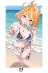  1girl absurdres ahoge beach bikini black_bikini blonde_hair blush border breasts cleavage cloud folma food glitch_stars highres holding holding_food holding_popsicle kanna_yanagi multicolored_hair navel ocean popsicle sandals second-party_source see-through_clothes sky solo stomach streaked_hair swimsuit thumbs_up tongue virtual_youtuber white_border white_streaks yellow_eyes 
