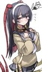  1girl antenna_hair arthropod_girl arthropod_limbs black_hair black_skirt centipede_girl commentary_request emukae_kaede_(plan) headband highres kumano_plan monster_girl multicolored_hair original red_eyes school_uniform shirt skirt tears white_headband yellow_shirt 
