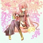  :3 aqua_eyes aruya_(flosrota) boots bored cross-laced_footwear hair_twirling lace-up_boots long_hair megurine_luka midriff pink_hair sitting solo thighhighs vocaloid 