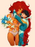  1boy 1girl batman_(series) blush bouquet breasts colored_skin cropped_legs dc_comics dick_grayson flower green_eyes highres holding holding_bouquet long_hair nightwing no_pupils orange_skin red_hair revealing_clothes simple_background starfire starfire_(1980_costume) superhero_costume tall_female taller_female_shorter_male teen_titans thigh_gap very_long_hair vovanixen46546 