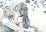  1boy 1girl arm_ribbon bare_shoulders black_shirt black_vest blue_eyes blurry blurry_foreground blush branch breasts cloud_strife commentary_request couple earrings eye_contact face-to-face final_fantasy final_fantasy_vii final_fantasy_vii:_advent_children from_side gradient_background hand_on_another's_chest hands_on_another's_hips hetero highres jewelry large_breasts light_smile long_hair looking_at_another looking_at_viewer ninnin5tora popped_collar profile red_ribbon ribbon shirt short_hair sleeveless sleeveless_shirt spiked_hair tifa_lockhart upper_body vest 