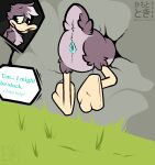 ambiguous_anthro ambiguous_gender anatid animal_genitalia anseriform anthro artist_name asking asking_for_help avian avian_butt beak bird black_outline blue_cloaca blue_eyes brown_body brown_feathers butt cloaca cutaway duck ellipsis english_text feather_tuft feathers genitals grass head_tuft kamoto_vivi looking_back narrowed_eyes nude_ambiguous nude_anthro open_beak open_mouth outline plant raised_tail solo speech_bubble stuck tail tail_feathers text through_wall tuft viveka_(kamoto_vivi) yellow_beak yellow_body
