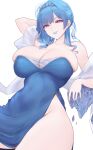  1girl anesaki arm_behind_head asymmetrical_hair bare_shoulders blue_dress blue_hair blue_lips blue_nails breasts cleavage commentary_request covered_navel cowboy_shot dress earrings eyeshadow hair_over_shoulder highleg highleg_dress highres jewelry large_breasts looking_at_viewer low_ponytail makeup medium_hair original parted_lips pink_eyes pink_eyeshadow ponytail see-through_clothes see-through_shawl shawl side_part sidelocks skindentation smile solo strapless strapless_dress tiara white_background 
