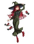  1girl blush breasts broom broom_riding cropped_jacket earrings embarrassed frog hand_on_headwear hat high_heels highres jewelry long_hair long_skirt long_sleeves looking_at_viewer necklace original ring rinotuna skirt white_background witch witch_hat yellow_eyes 