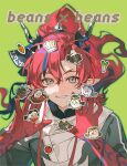  1boy absurdres arknights bishounen carrot chef_hat chinese_commentary chongyue_(arknights) coat colored_extremities commentary_request curtained_hair dragon_bean_(arknights) dragon_boy dragon_horns dragon_tail dusk_(arknights) eastern_dragon_horns eastern_dragon_tail fan_mu_zhang forked_eyebrows from_above gradient_hair green_background green_eyes grey_coat grin hands_up hat highres horns ling_(arknights) long_hair looking_at_viewer male_focus mandarin_collar multicolored_hair nian_(arknights) parted_bangs pointy_ears ponytail red_eyes red_hands shu_(arknights) simple_background smile solo spring_onion sticker_sheet_(object) tail toque_blanche upper_body wang_(arknights) xiao_guan_(headdress) yu_(arknights) 
