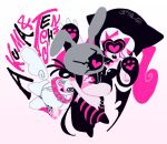  2girls alien_stage angel_wings animal_ear_headwear animal_ears black_hair black_hat black_leotard cat_ears commentary curled_ends demon_wings grey_hat hair_rings hat heart hugging_another's_leg leotard mizi_(alien_stage) mizi_(zombie_stage) multiple_girls official_alternate_costume paw_print pink_hair rabbit_ear_headwear rabbit_ears romaji_text signature single_wing spiral_print star_belt_buckle strapless strapless_leotard sua_(alien_stage) sua_(zombie_stage) tube_top untranslatable_commentary white_background white_tube_top wings ye_nayuta zombie_stage 