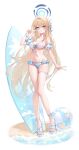  1girl alternate_costume ball beachball bikini blonde_hair blue_archive blue_bikini blue_eyes blue_halo blue_nails blush bracelet breasts cano852 cleavage collarbone commentary full_body hair_between_eyes halo hand_up highres jewelry long_hair looking_at_viewer medium_breasts nail_polish navel parted_lips sideboob solo standing stomach surfboard swimsuit thighs toenail_polish toenails toki_(blue_archive) underboob untranslatable_commentary v v_over_eye very_long_hair white_background 