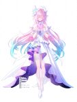  1girl absurdres amphoreus_(honkai:_star_rail) aqua_hair bare_shoulders breasts closed_eyes commentary cyrene_(honkai:_star_rail) dress earrings english_commentary flower fylus hair_flower hair_ornament highres honkai:_star_rail honkai_(series) jewelry long_hair medium_breasts mobius_strip multicolored_hair pink_hair planet_earrings pointy_ears simple_background solo very_long_hair white_background white_dress white_hair 