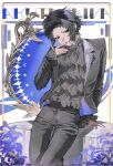  1boy akutagawa_ryuunosuke_(bungou_stray_dogs) arm_support black_eyes black_hair black_jacket black_pants black_shirt bungou_stray_dogs character_name check_clothing closed_mouth clothing_request commentary frilled_shirt frills highres jacket male_focus mitabxd_7 multicolored_hair pants shirt solo two-tone_hair untranslatable_commentary 