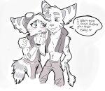 2022 anthro backstabber128 big_ears blue_eyes bodysuit bottomwear clothed clothing cybernetic_arm cybernetic_limb female fluffy fluffy_tail green_eyes lombax male mammal pants prosthetic prosthetic_arm prosthetic_limb ratchet_(ratchet_and_clank) ratchet_and_clank rivet_(ratchet_and_clank) robotic_arm scarf skinsuit sony_corporation sony_interactive_entertainment striped_body striped_ears stripes tail tail_tuft tight_clothing topless tuft
