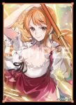  1girl arm_up artist_name black_border black_ribbon border breasts brown_eyes cleavage clima-tact closed_mouth collarbone commentary_request dress earrings electricity eyelashes frilled_shirt frills german_clothes holding holding_staff jewelry large_breasts long_hair looking_at_viewer low_twintails nami_(one_piece) no-kan official_alternate_costume official_alternate_hairstyle one_piece orange_hair pearl_earrings puffy_short_sleeves puffy_sleeves red_dress red_skirt ribbon sample_watermark shirt short_sleeves single_sidelock skirt smile solo staff twintails upper_body watermark white_shirt 
