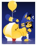 2026 4:5 animal_crossing ankha_(animal_crossing) anthro balloon big_breasts blue_background blue_hair blue_lips blush bob_cut border box breasts butt container domestic_cat english_text felid feline felis female gift gift_box hair half-closed_eyes hi_res inflatable leaning leaning_forward legendofnerd lips lipstick looking_aside looking_at_viewer makeup mammal markings medium_hair narrowed_eyes nintendo simple_background sitting sitting_in_box solo sparkles striped_markings striped_tail stripes tail tail_markings text thick_thighs uraeus white_border yellow_body
