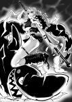  1girl absurdres ass bangle brace bracelet braid breasts capelet clima-tact closed_mouth cloud commentary crop_top electricity full_body fur_capelet fur_leg_warmers greyscale highres holding holding_staff jewelry large_breasts leg_up leg_warmers legs loincloth long_hair looking_at_viewer monochrome nami_(one_piece) official_alternate_costume official_alternate_hairstyle one_piece shark shoulder_tattoo single_braided_sidelock smile staff standing standing_on_one_leg sword sword_on_back tattoo thigh_strap thighs tori_tori_(user_zkmf3244) wavy_hair weapon weapon_on_back zeus_(one_piece) 