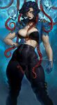  1girl absolute_dc absolute_wonder_woman aleriia_v black_bra black_hair black_pants blue_background blue_eyes blue_gloves blue_jacket bra breasts choker cropped_jacket curly_hair dc_comics fishnet_top fishnets gloves high-waist_pants highres jacket mole pants parted_lips realistic short_hair shoulder_spikes skull solo spikes tentacles underwear zatanna_zatara zatanna_zatara_(absolute_dc) 