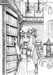  bad_id bad_pixiv_id bat_wings bespectacled book bookshelf crescent glasses greyscale hair_ribbon hat head_wings kirusu koakuma lamp library long_hair monochrome multiple_girls patchouli_knowledge ribbon touhou traditional_media voile wings 