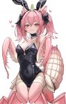  1girl animal_ears antennae arthropod_girl arthropod_limbs black_bow bow breasts collar commentary compound_eyes double_bun extra_arms fake_animal_ears hair_bun highres kumano_plan leotard mantis_girl monster_girl original pink_eyes pink_hair playboy_bunny strapless strapless_leotard twintails untranslatable_commentary 