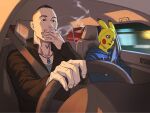  2boys black_eyes black_hair black_shirt blue_hoodie buzz_cut car_interior cigarette commentary_request cosplay driving hentai_mazochuu highres hood hood_down hoodie jewelry kikiimora makeup male_focus manatsu_no_yo_no_inmu multiple_boys necklace pikachu pikachu_(cosplay) pokemon shirt short_hair smoking steering_wheel upper_body very_short_hair yuusaku_(inmu) 