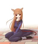  animal_ears bad_id bad_pixiv_id blush boots brown_hair dress holo long_hair red_eyes solo spice_and_wolf tomcat wolf_ears 