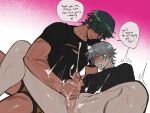  2boys black_shirt blush bottomless boxer_briefs cum cum_on_body cum_on_hands ejaculation english_text handjob lighter_(zenless_zone_zero) male_focus male_underwear moji00x00x multiple_boys open_mouth shiny_skin shirt speech_bubble spread_legs t-shirt uncensored underwear wise_(zenless_zone_zero) yaoi zenless_zone_zero 