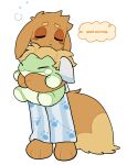 2026 3_fingers 3_toes anthro anthrofied big_tail biped brown_body brown_fur clothed clothing digital_media_(artwork) dipstick_tail eevee eyes_closed feet fingers fur generation_1_pokemon hi_res legwear male mammal markings muffin_(puppypamps) nintendo pajamas pattern_clothing pattern_legwear plushie pokemon pokemon_(species) pokemorph puppypamps simple_background solo striped_clothing striped_legwear stripes substitute_doll tail tail_markings text thought_bubble tired toes toony white_background