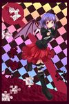 bat_wings boots elbow_gloves fang gloves hat highres jigsaw_puzzle makino_(ukiuo) necktie purple_hair puzzle red_eyes remilia_scarlet short_hair solo striped striped_legwear thighhighs touhou wings 
