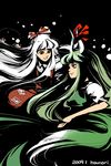  bad_id bad_pixiv_id ex-keine fujiwara_no_mokou green_hair high_contrast horns hounori kamishirasawa_keine long_hair multiple_girls red_eyes ribbon silver_hair touhou 