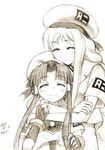  alicia_florence aria bad_id bad_pixiv_id closed_eyes fingerless_gloves gloves hair_tubes hat highres hug kisetsu long_hair mizunashi_akari monochrome multiple_girls sepia sidelocks sketch smile traditional_media 