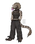 4:5 absurd_res anthro belt black_bottomwear black_clothing black_pants black_tongue blue_eyes bottomwear brown_body brown_clothing brown_hair brown_shirt brown_tank_top brown_topwear bubble_gum claws clothing collar dinosaur dromaeosaurid female hair hand_in_pocket hands_in_both_pockets hi_res markings mottled mottled_body mottled_face one_fang pants pockets prehistoric_species reptile saurischian scalie shirt smile smiling_at_viewer snout striped_arms striped_markings striped_tail stripes tail tail_markings tail_tuft tank_top text text_on_clothing therocy_(vitaliachiever) theropod toe_claws tongue topwear tuft vitaliachiever watermark