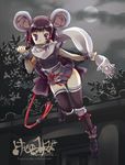  animal_ears bad_id bad_pixiv_id copyright_request knife moon mouse_ears night ninja reverse_grip scarf shima_(6land) short_hair thighhighs 