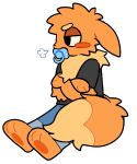ageplay anthro anthrofied biped black_clothing black_shirt black_topwear blue_pacifier brown_body brown_fur clothed clothing crossed_arms digital_media_(artwork) dipstick_tail eevee fur generation_1_pokemon grumpy infantilism male markings muffin_(puppypamps) nintendo object_in_mouth pacifier pacifier_in_mouth pokemon pokemon_(species) pokemorph puppypamps roleplay shirt simple_background solo tail tail_markings toony topwear white_background