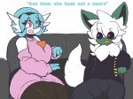 anthro awah_(awakeon) black_sclera blue_hair clothed clothing dialogue duo ear_piercing eeveelution female flareon fluffy fluffy_tail furniture gardevoir generation_1_pokemon generation_3_pokemon hair hi_res male male/female mandy_(gammainks) mega_stone nintendo orange_eyes oreon_smol piercing pokemon pokemon_(species) shiny_pokemon shocked sofa tail text thick_thighs white_hair