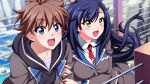  1boy 1girl :d anekouji_naoko anekouji_naoko_to_giniro_no_shinigami black_hair black_shirt blue_eyes blurry boulder breasts bridge brown_hair collarbone collared_shirt double_arm_hug dutch_angle fence floating_hair frilled_skirt frills from_above game_asset green_eyes grey_jacket grey_skirt highres hooded_shirt jacket jacket_over_hoodie lapels large_breasts long_hair long_sleeves mikoshi_matsuri miniskirt necktie non-web_source open_clothes open_jacket pleated_skirt red_necktie river rock school_uniform self-datamine shirt short_hair skirt smile standing very_long_hair white_shirt 