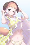  1girl black_eyes blue_background blush brown_hair commentary_request dress hat highres japanese_otter_(kemono_friends) kemono_friends looking_at_viewer lowlandgorilla multicolored_hair navel one_eye_closed otter_girl otter_tail panties short_hair simple_background skirt solo tail two-tone_hair underwear white_hair 