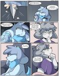 absurd_res accessory american_opossum animate_inanimate anthro bazz_(spicykiwi) blue_body blue_fur clothing comic dialogue duo edgar_(spicykiwi) english_text eyewear fur glasses grey_body grey_fur grey_hair hair hair_accessory hairpin hi_res living_plushie magic male mammal marsupial plushie purple_clothing purple_shirt purple_topwear scissors seam_(sewing) self-harm shirt spicykiwi stab stab_wound stitch_(sewing) story tail talking_to_another text topwear wound_on_hand wounded