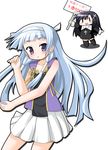  blue_hair chibi hair_tubes hairband kannagi long_hair multiple_girls nagi narumi_aoi pleated_skirt purple_eyes sign skirt white_skirt zange 