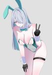  1girl absurdres aqua_bow aqua_bowtie aqua_eyes aqua_hair aqua_lips black_gloves bow bowtie breasts closed_mouth collar colored_inner_hair commentary covered_navel detached_collar english_commentary eyelashes gloves hair_ornament hair_over_one_eye highres leaning_forward leotard long_hair mole mole_under_mouth multicolored_hair multicolored_leotard original rabbit_hair_ornament shiraitoart983 smile solo thigh_gap thigh_strap two-tone_leotard v white_collar white_hair white_wrist_cuffs wrist_cuffs xueyu_(lmasayoshi) 